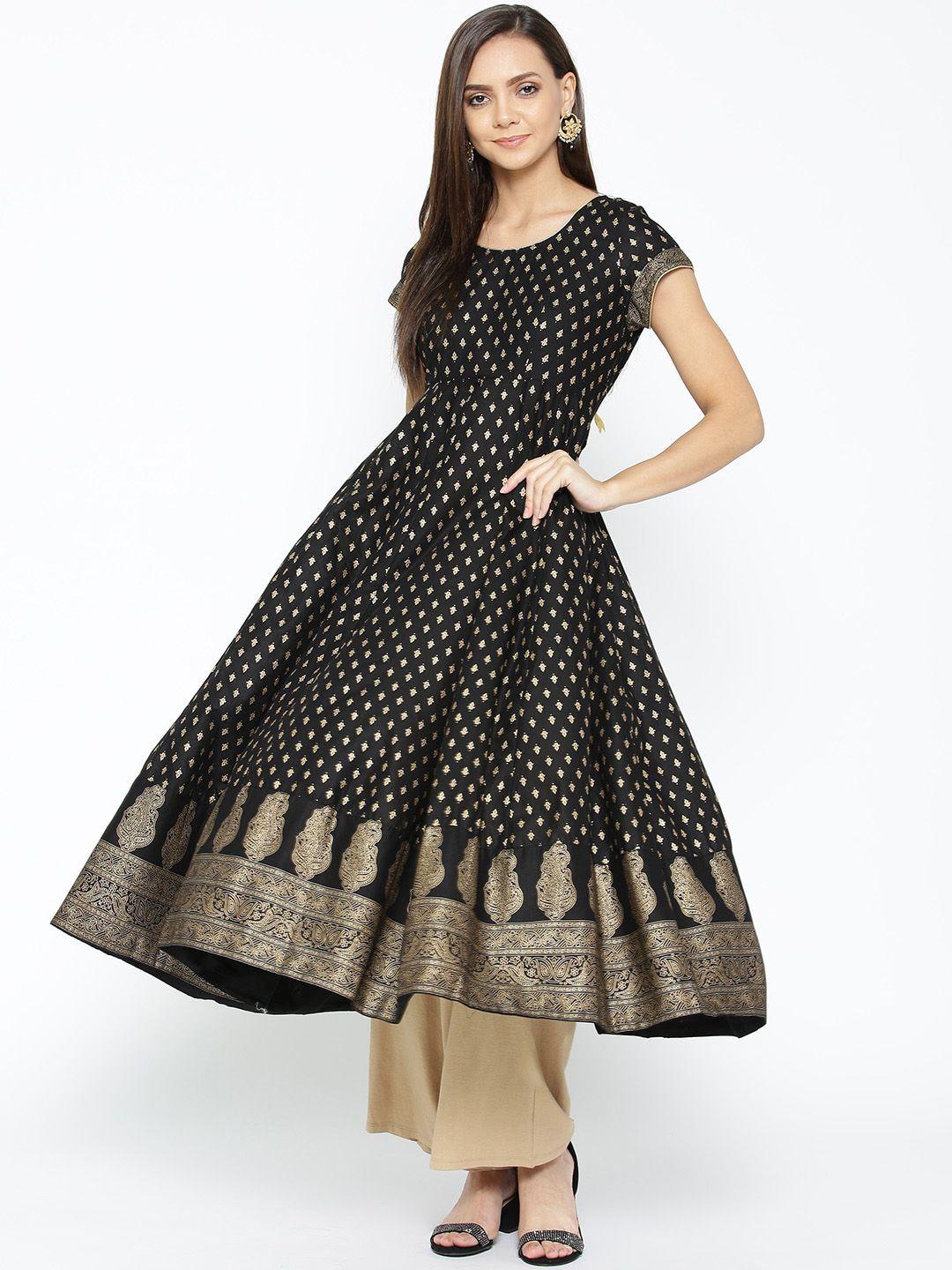 poshak hub ethnic motifs printed anarkali foil print round neck pure cotton kurta