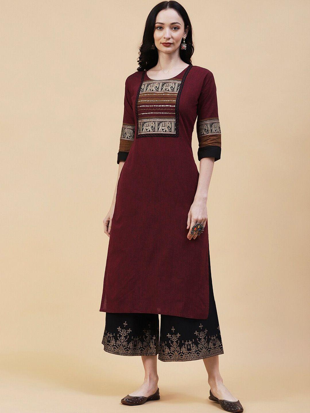 fashor ethnic motifs embroidered sequins straight pure cotton kurta