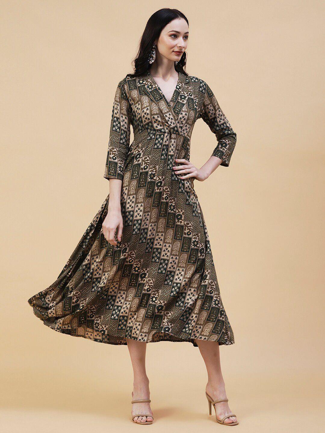 fashor ethnic motifs printed v neck a-line midi dress