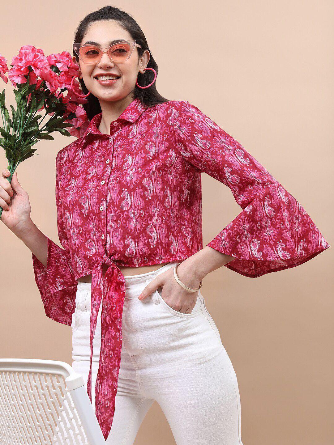 vishudh ethnic printed bell sleeves tie-up detail shirt style top