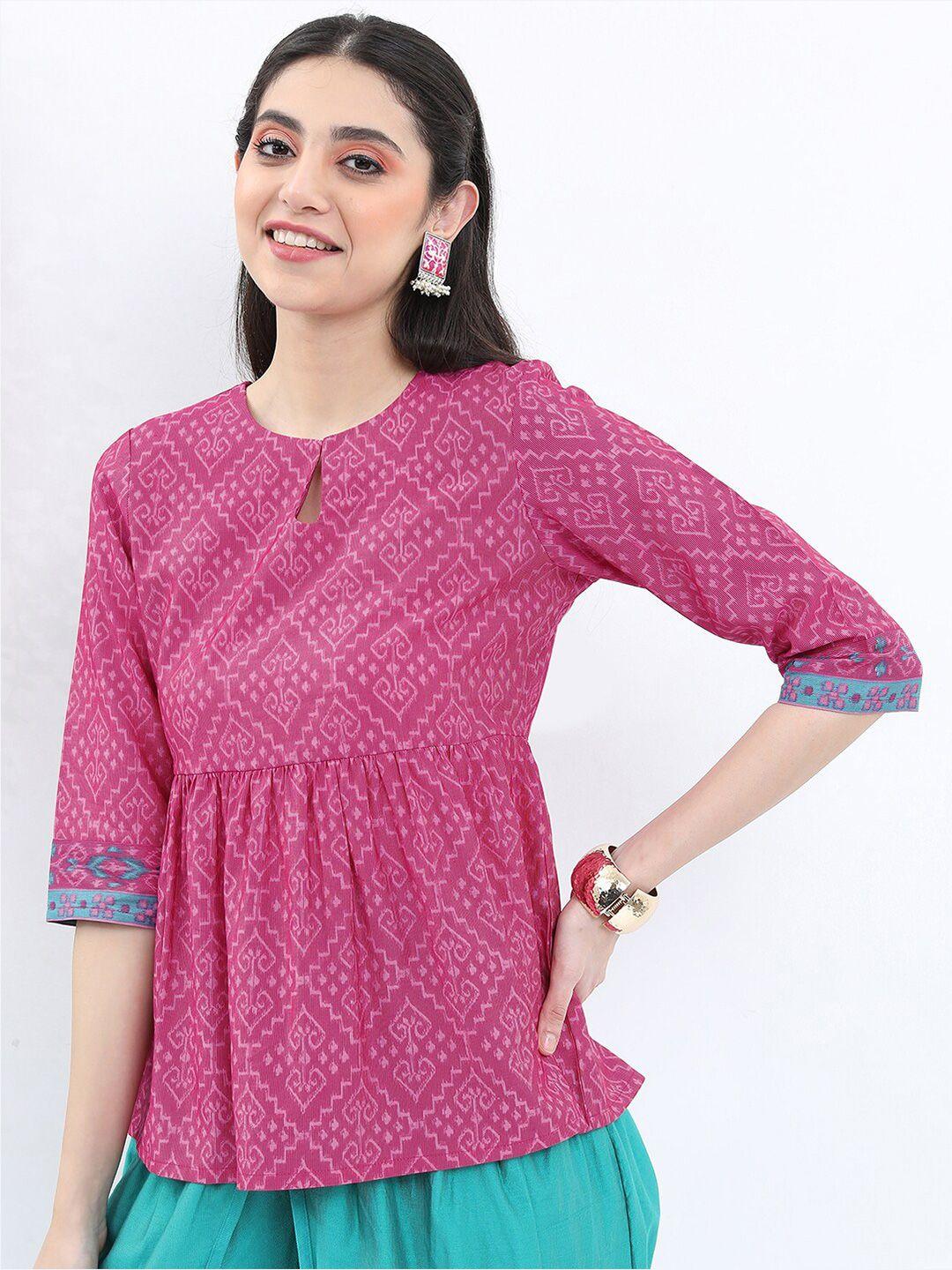 vishudh ethnic printed keyhole neck pleated a-line top