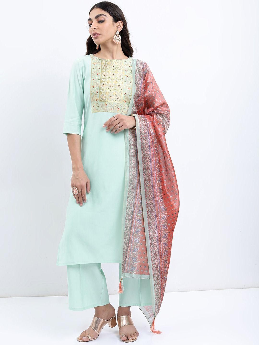 ketch ethnic motifs yoke design boat neck kurta with palazzos & dupatta