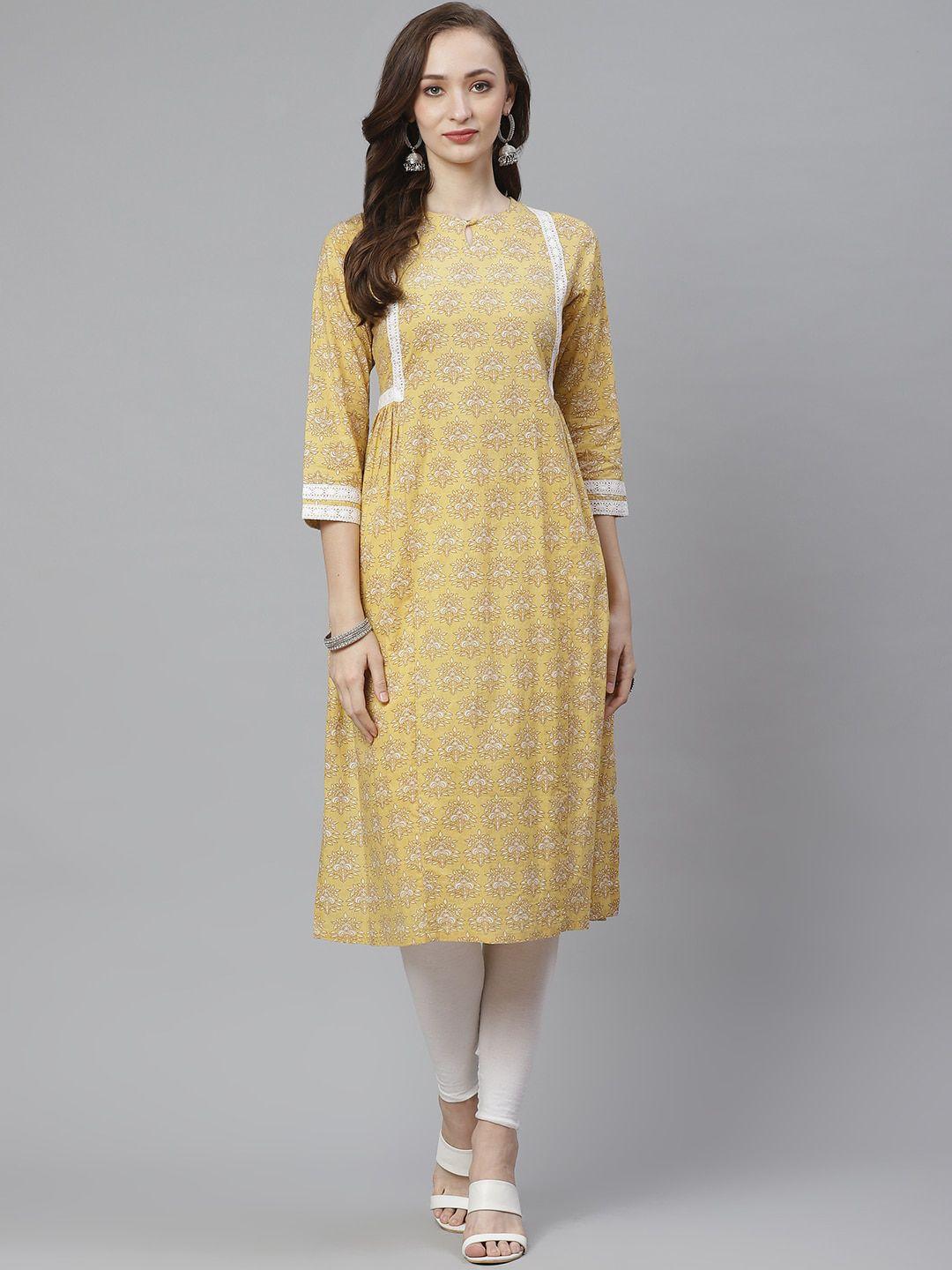 bhama couture keyhole neck ethnic motifs printed thread work a-line pure cotton kurta