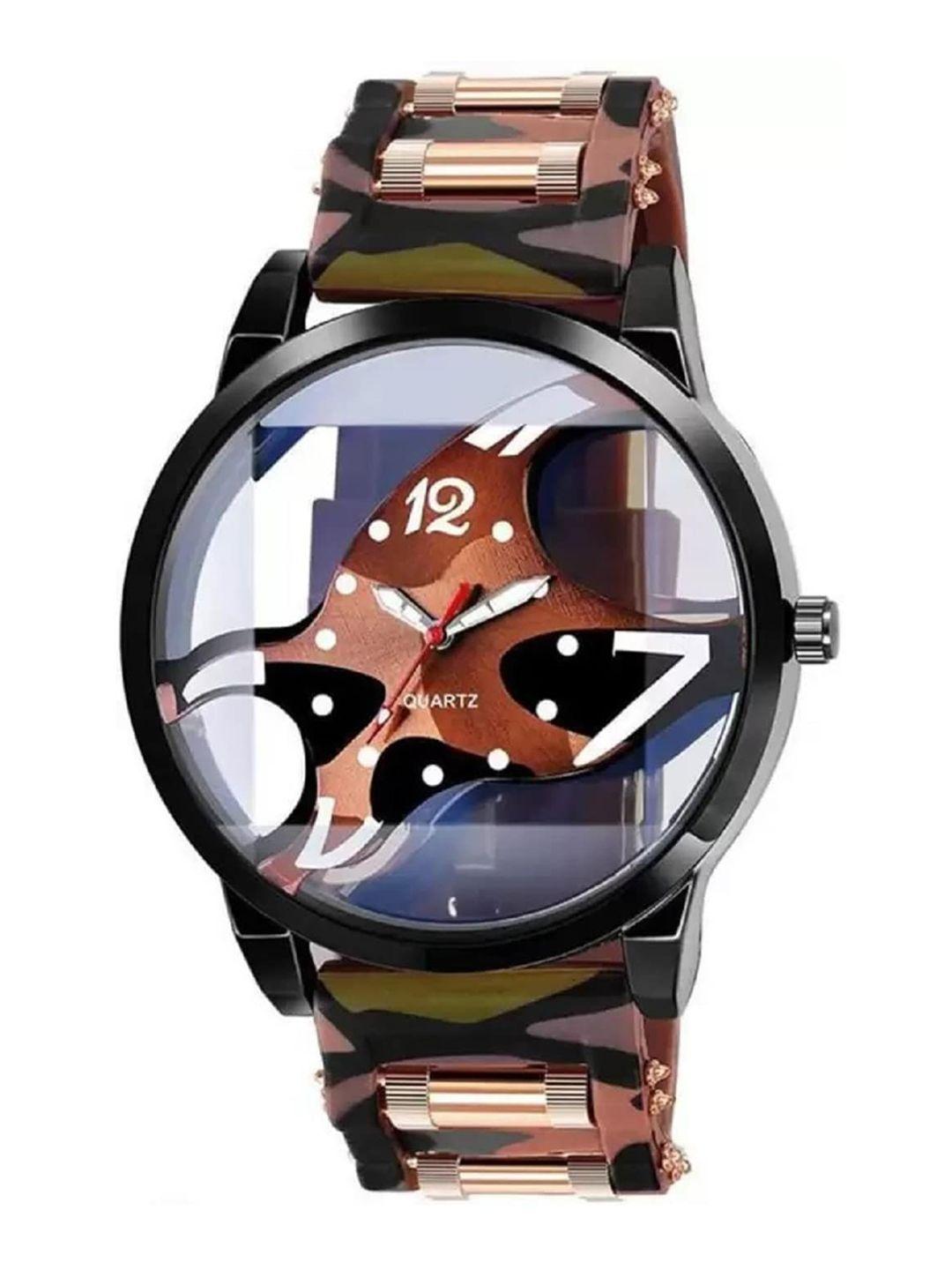 watchstar men printed dial & bracelet style straps analogue watch bullet brown1