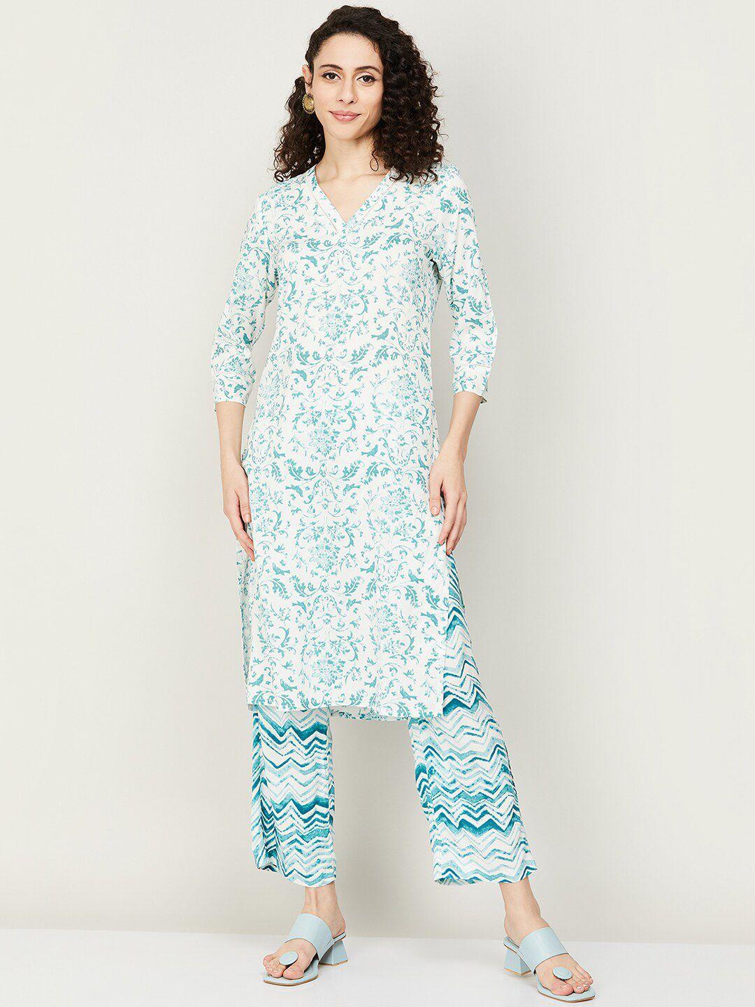 melange by lifestyle ethnic motifs printed v-neck straight kurta with trousers