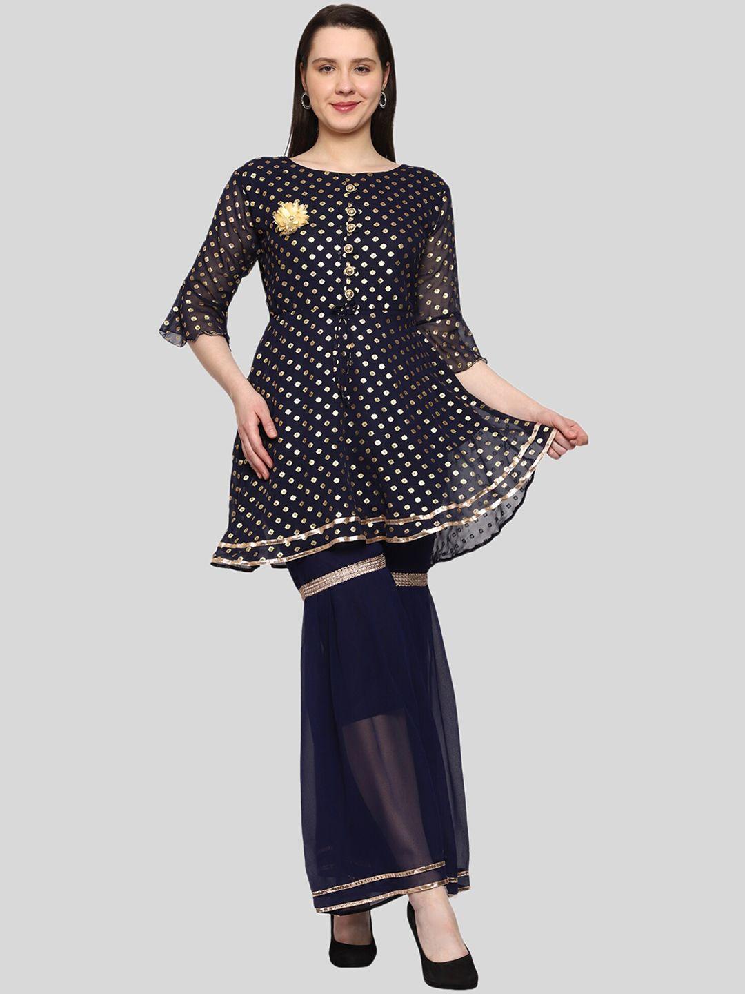 fnocks ethnic motifs printed georgette foil print gotta patti boat neck kurti with sharara