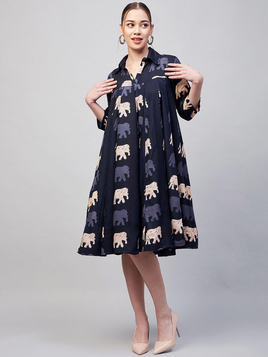 inweave shirt collar abstract printed a-line midi cotton dress