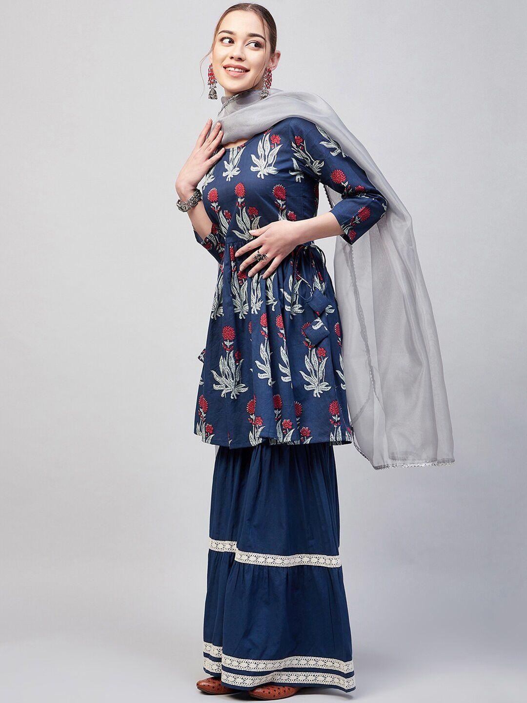 inweave floral printed pleated a-line pure cotton kurti with sharara & dupatta