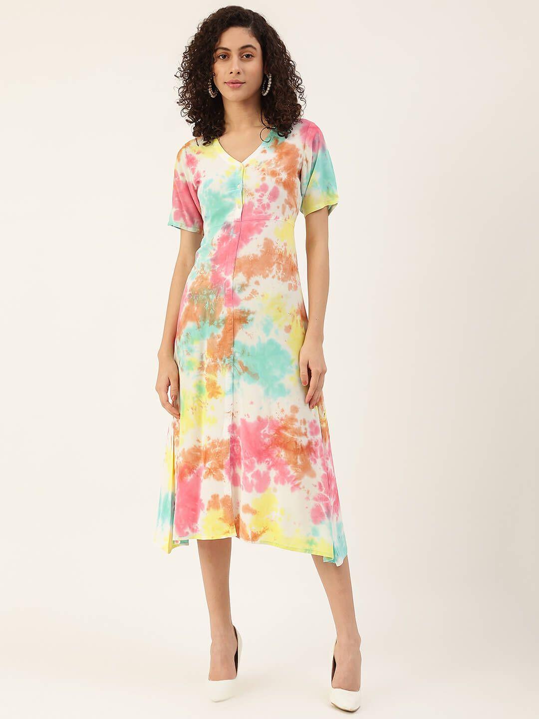 maaesa tie and dye  dyed v-neck a-line midi dress