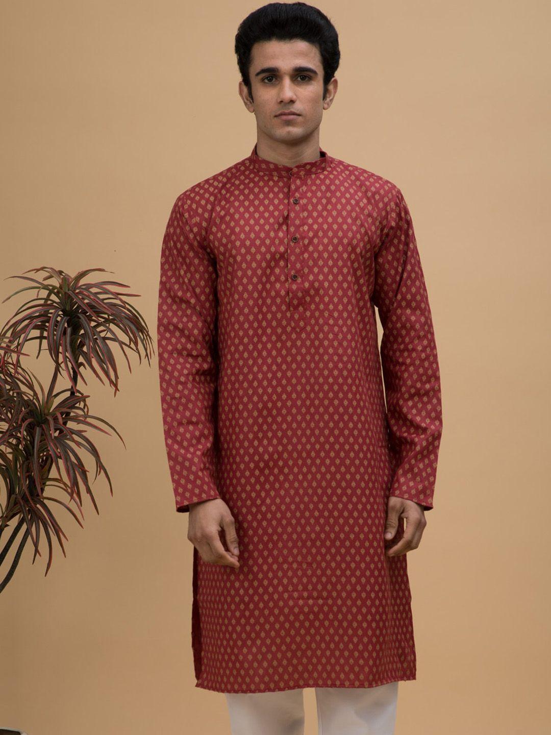 neudis men maroon ethnic motif printed mandarin collar cotton kurta