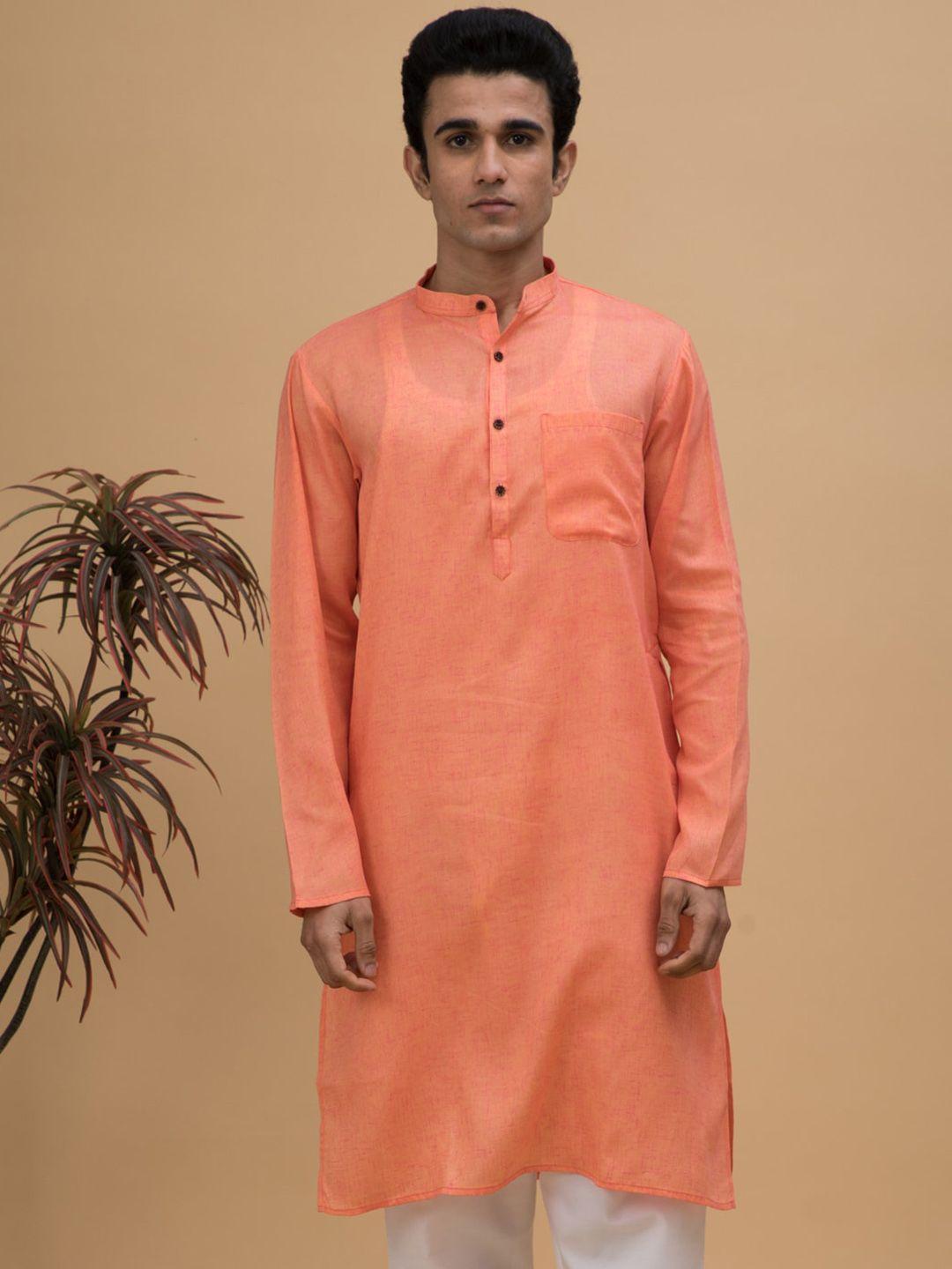 neudis men mandarin collar cotton linen straight kurta