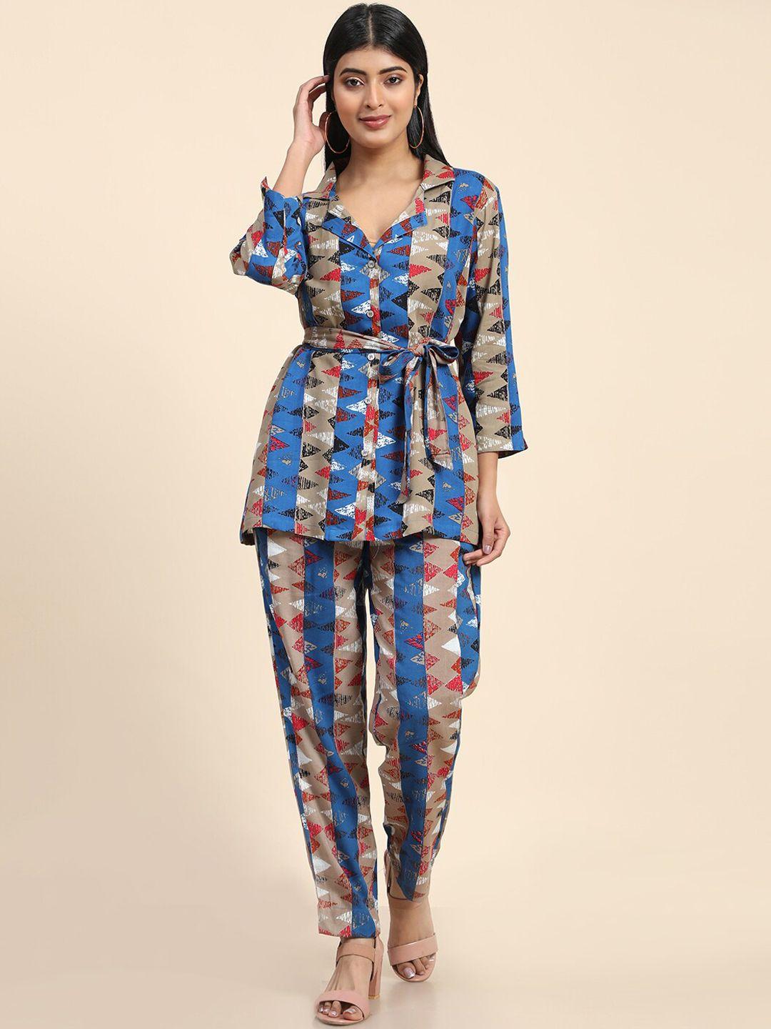 aawari women printed longline top with trousers co-ords set