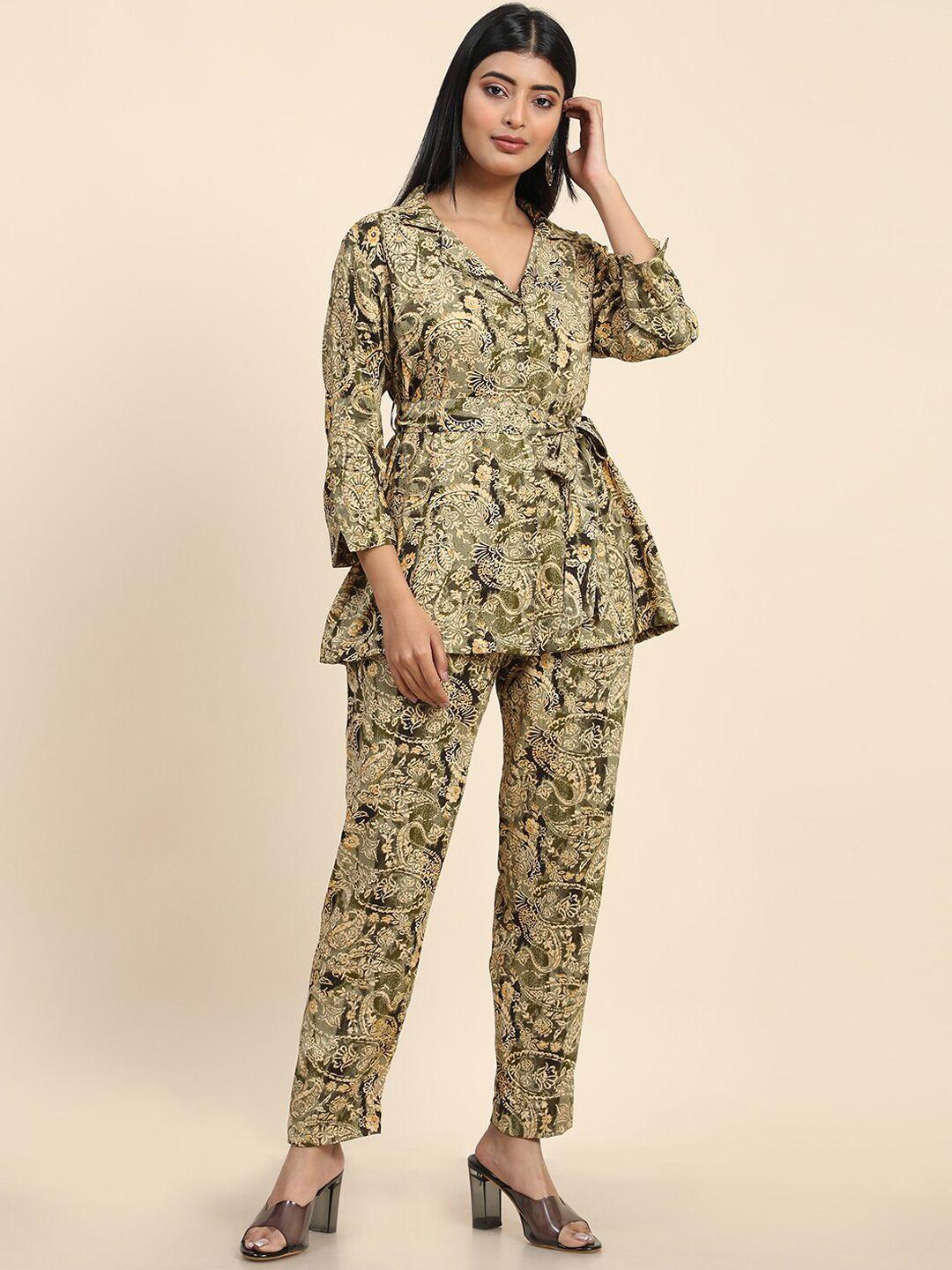 aawari ethnic motifs printed waist tie-up top with trousers