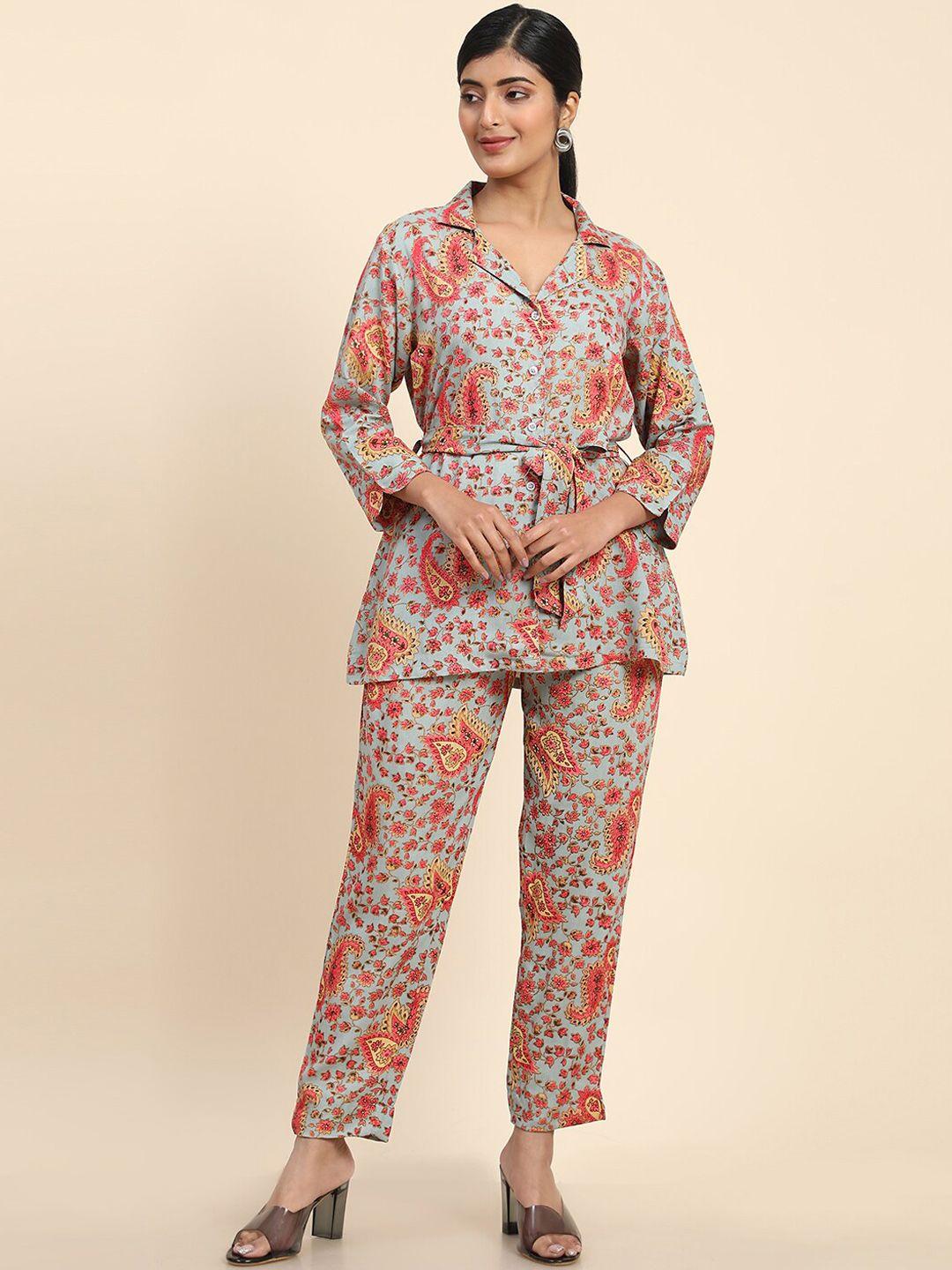 aawari paisley printed waist tie-up long sleeves top with trouser