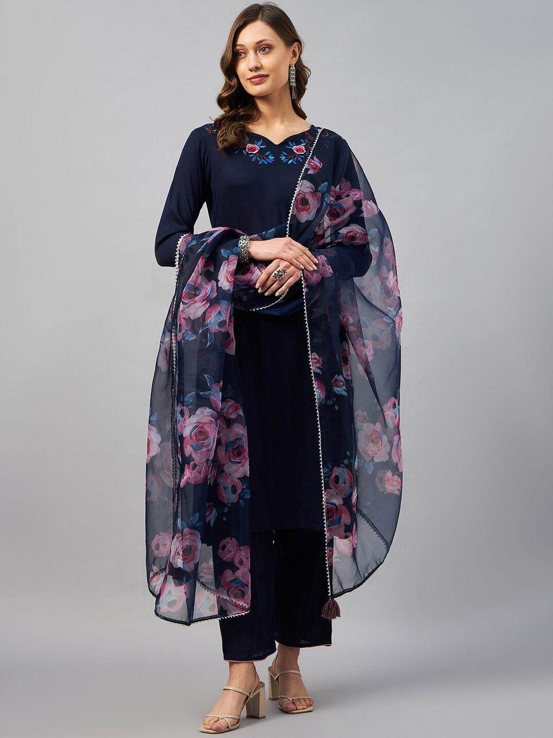 azira floral embroidered notch neck kurta with trousers & dupatta