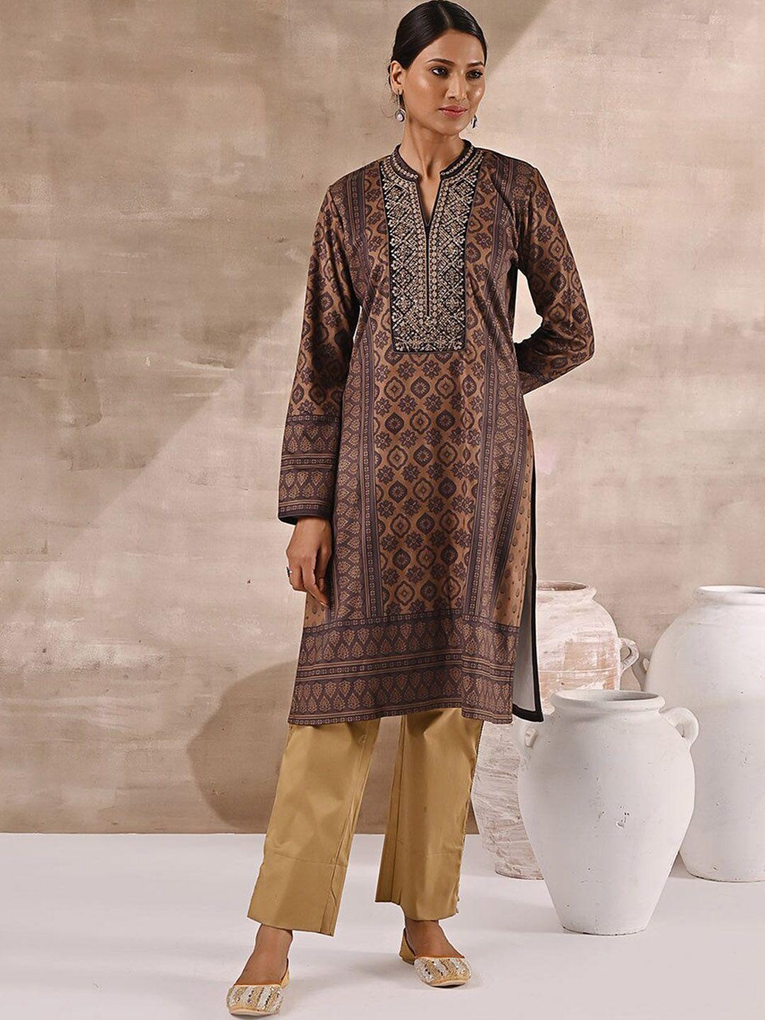 lakshita ethnic motifs printed zari & sequined velvet kurta with palazzos