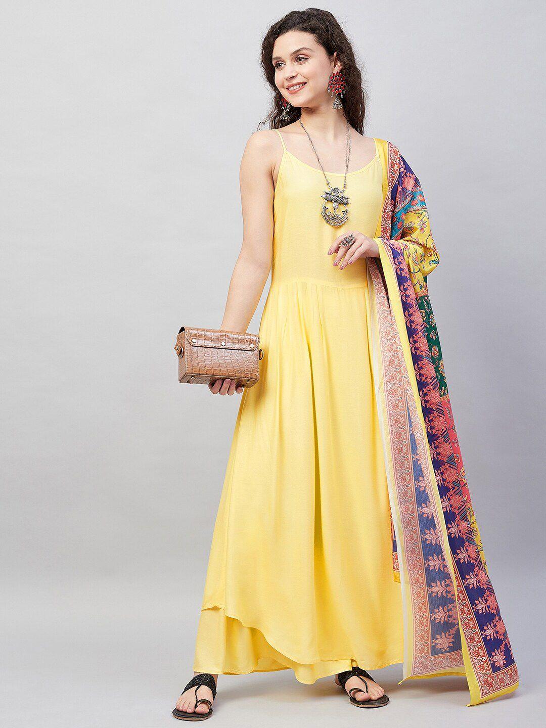 inweave shoulder strap printed anarkali kurta with trousers & dupatta