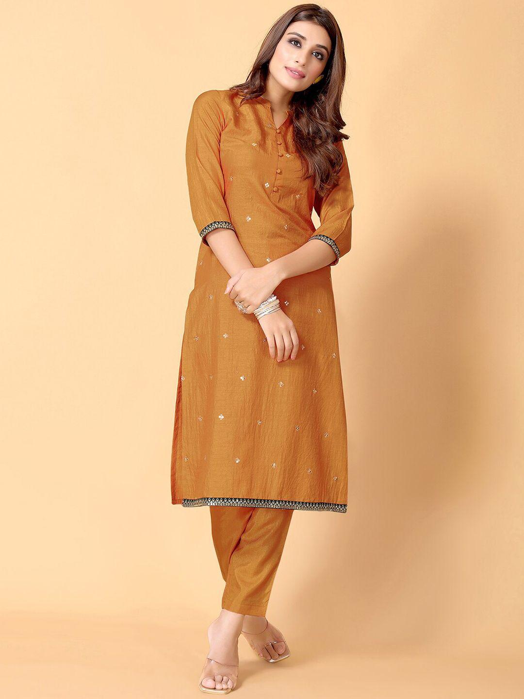 skylee woven design band collar straight kurta with trousers & dupatta