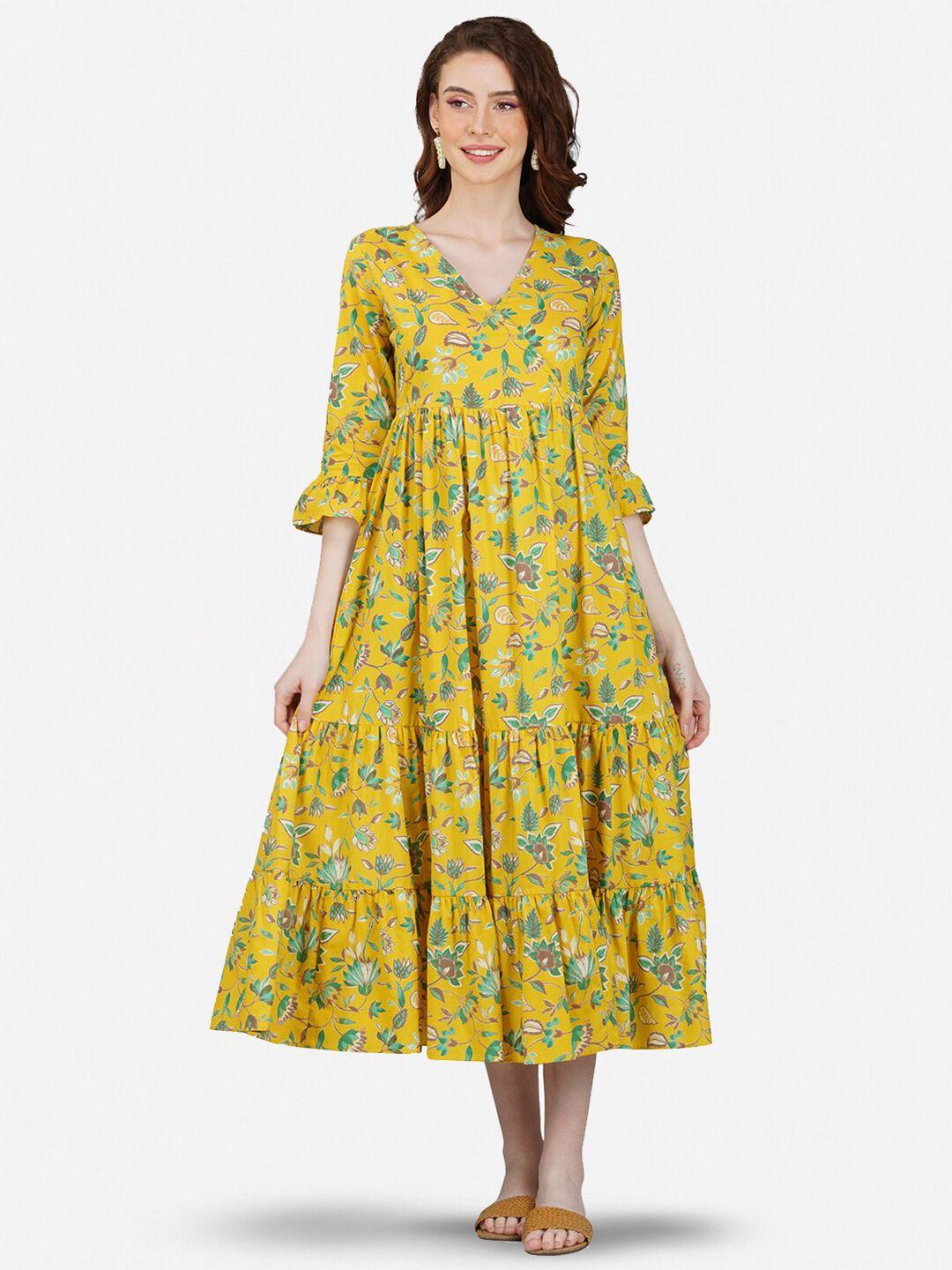 twilldor floral printed cotton v-neck bell sleeves wrap midi dress