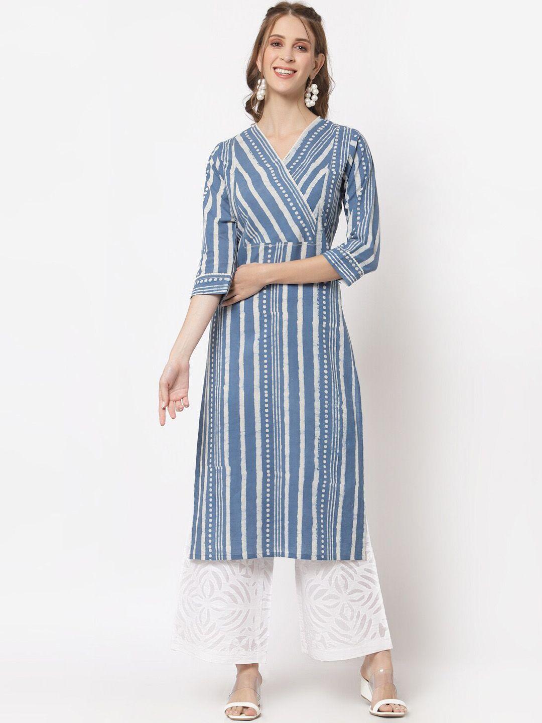 kami kubi women striped cotton v-neck angrakha kurta