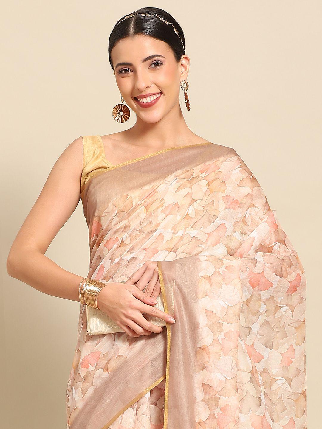 silk land floral zari pure cotton block print saree