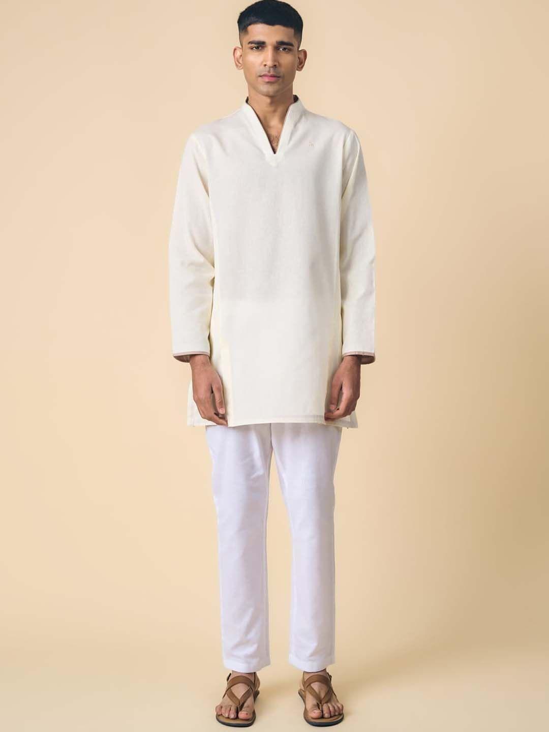 tasva men mandarin collar cotton panelled kurta