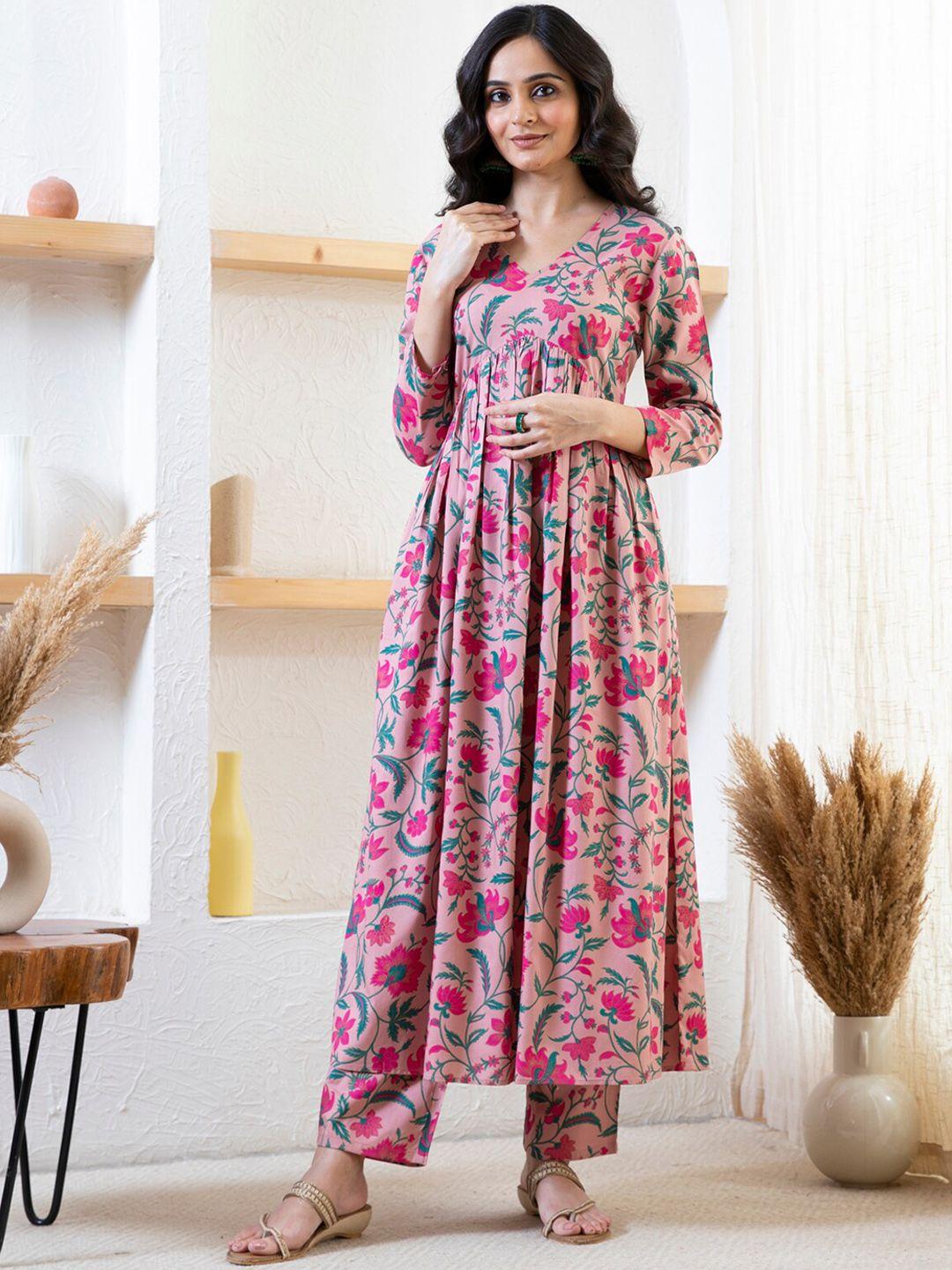 rustorange floral printed v-neck a-line pleated kurta with trousers