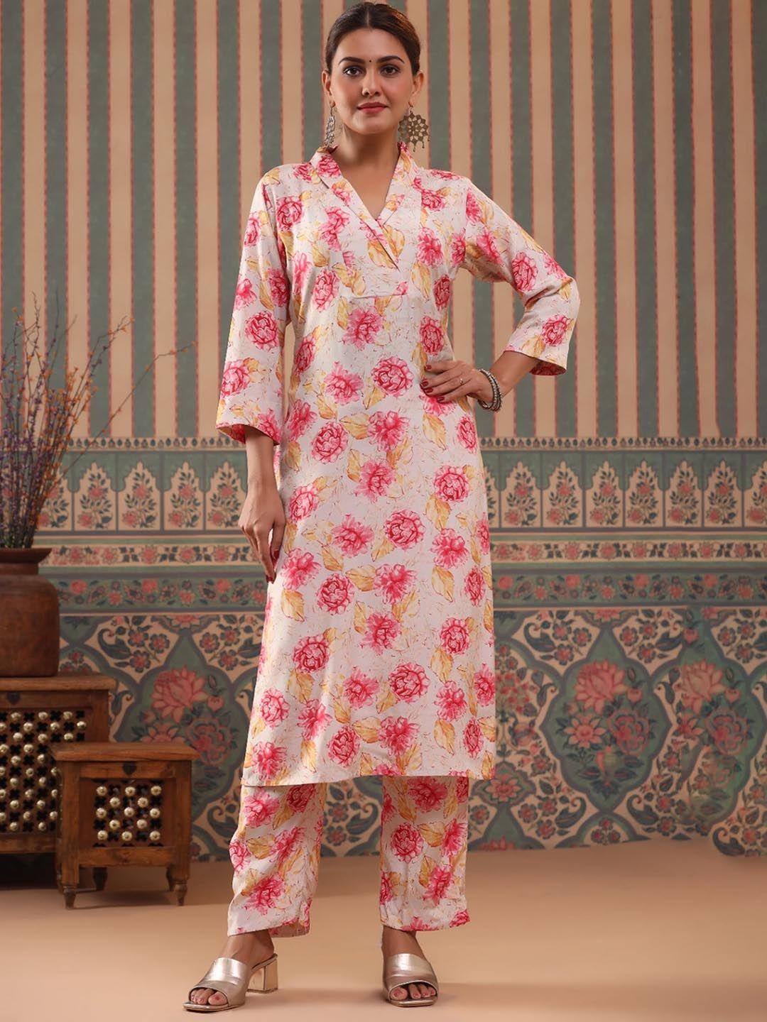 etnicawear spread collar floral printed linen straight kurta with trousers