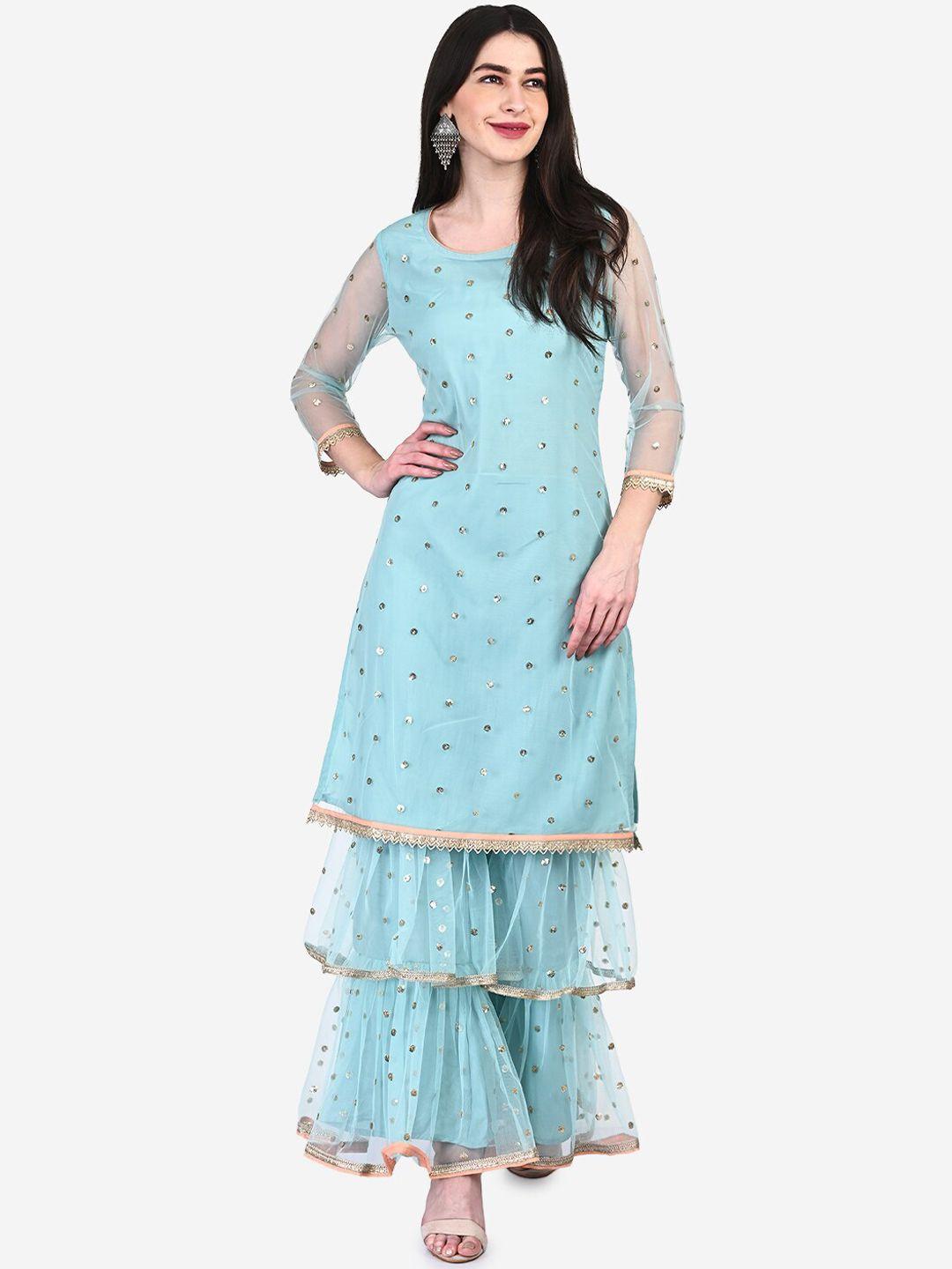 be indi women blue ethnic motifs embroidered kurta with sharara