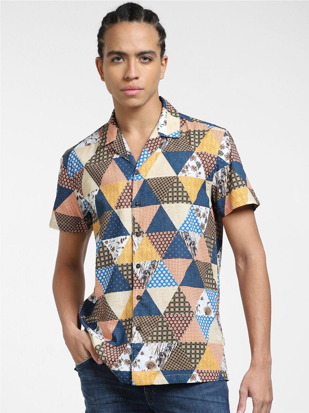 jack & jones spread collar ethnic motifs printed cotton casual shirt