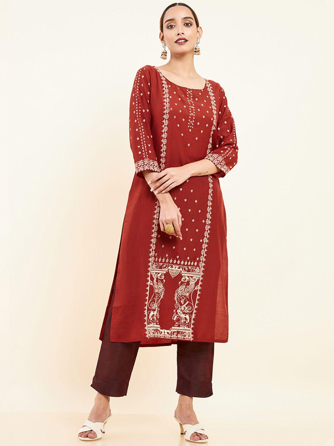 maybell ethnic motif printed silk cotton kurta