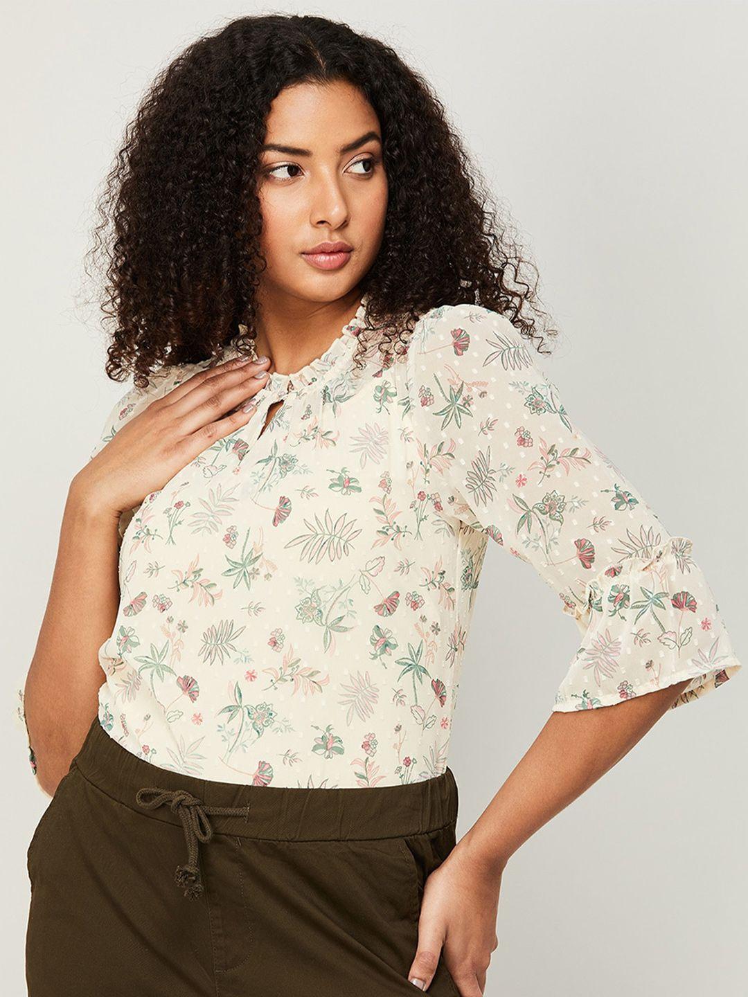 code by lifestyle keyhole neck bell sleeves floral printed top with slip