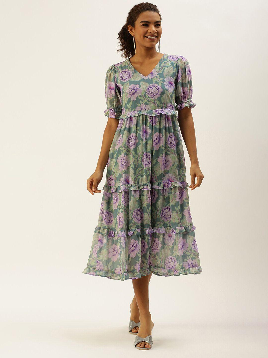 sangria floral printed puff sleeves v-neck ruffled tiered fit & flare dress