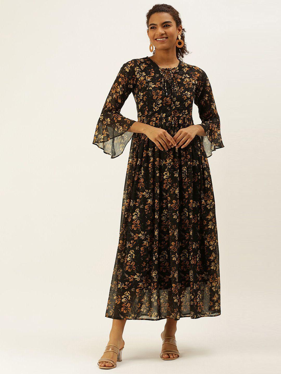 sangria floral printed tie-up neck bell sleeves maxi fit & flared dress