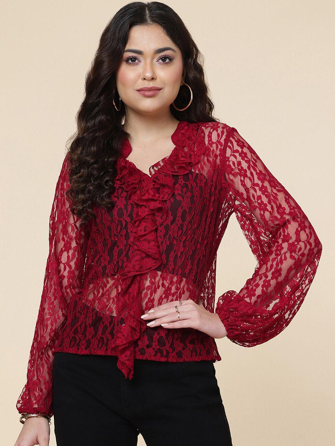 a t u n maroon floral print ruffles lace top