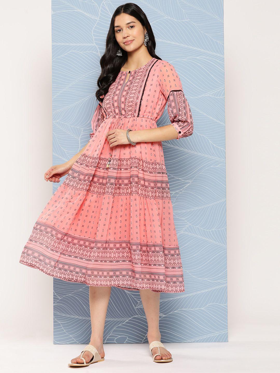 juniper ethnic motifs printed sequinned keyhole neck georgette midi ethnic dress