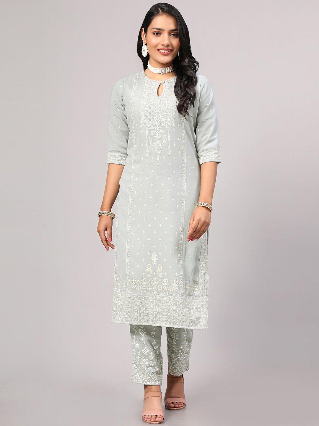 v tradition printed georgette keyhole neck straight kurta with trousers