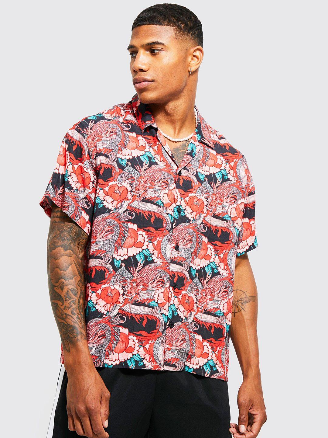 boohooman printed casual boxy shirt