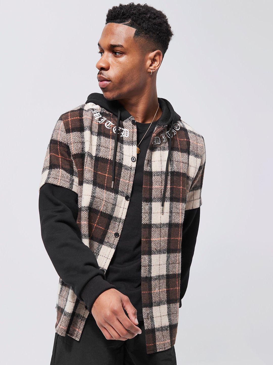 boohooman tartan checked faux layer hooded shacket