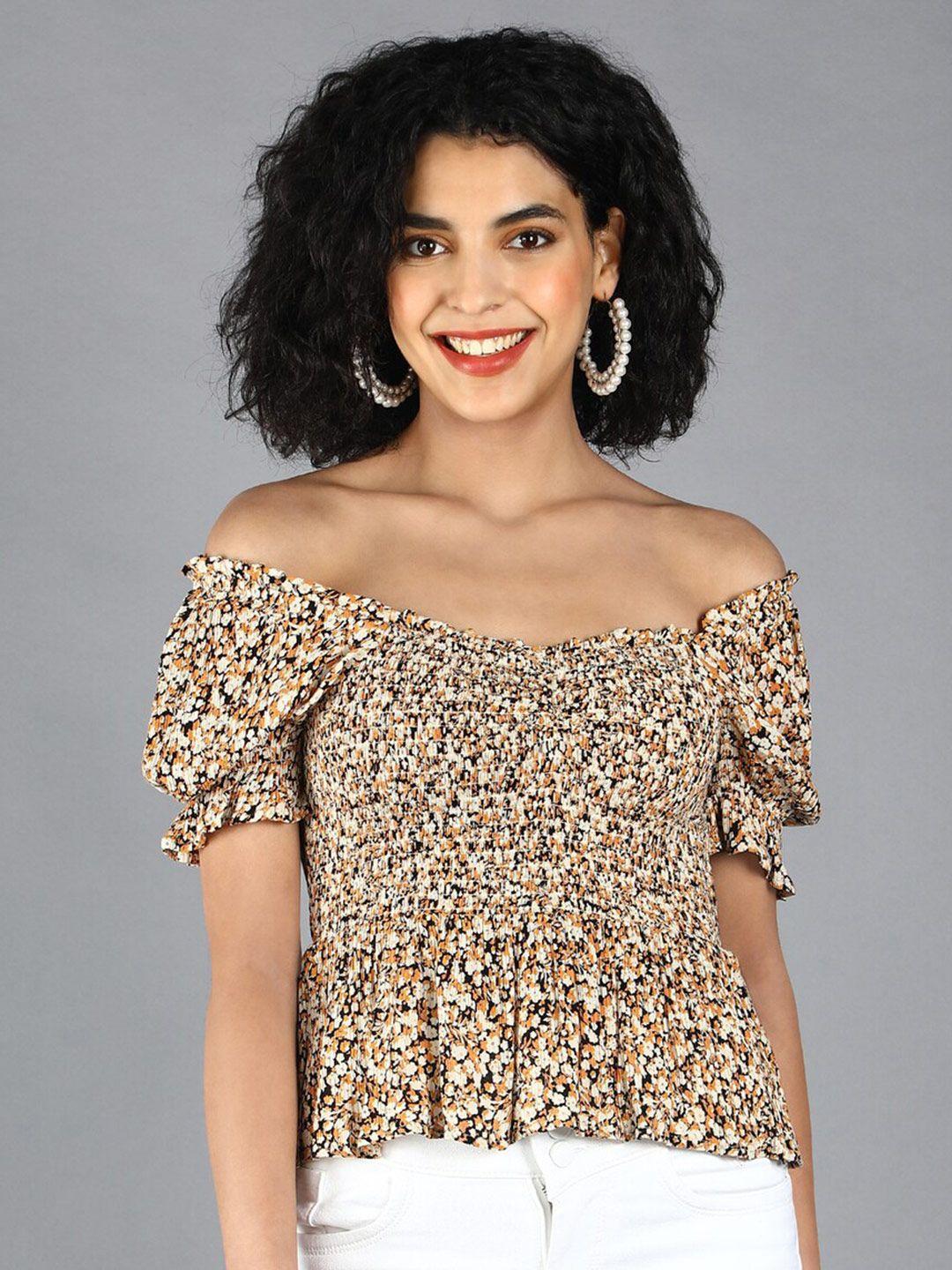 debonatella animal printed off-shoulder smocked bardot top