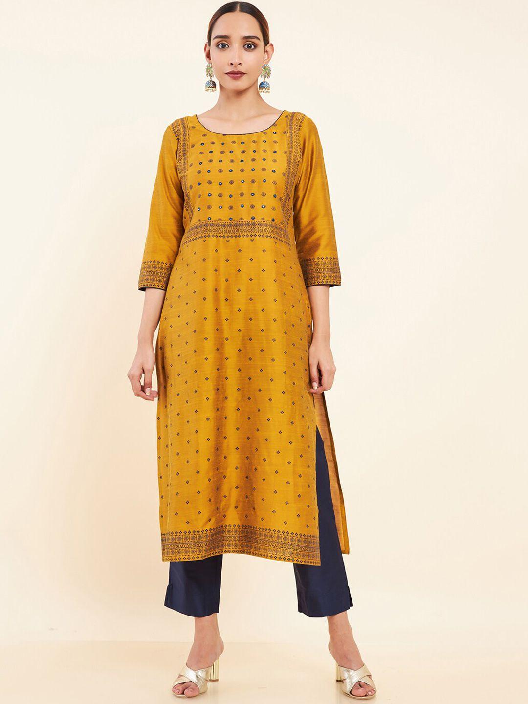 maybell printed pure silk mirror work straight kurta with trousers & dupatta