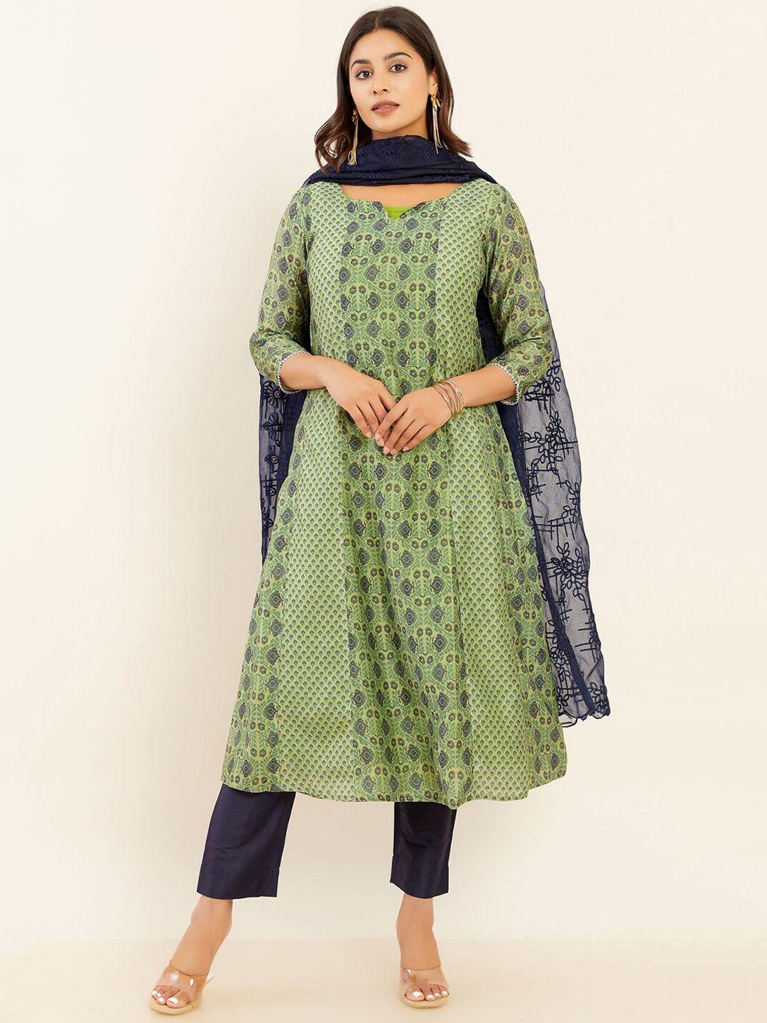 maybell printed chanderi cotton kurta with trousers & dupatta