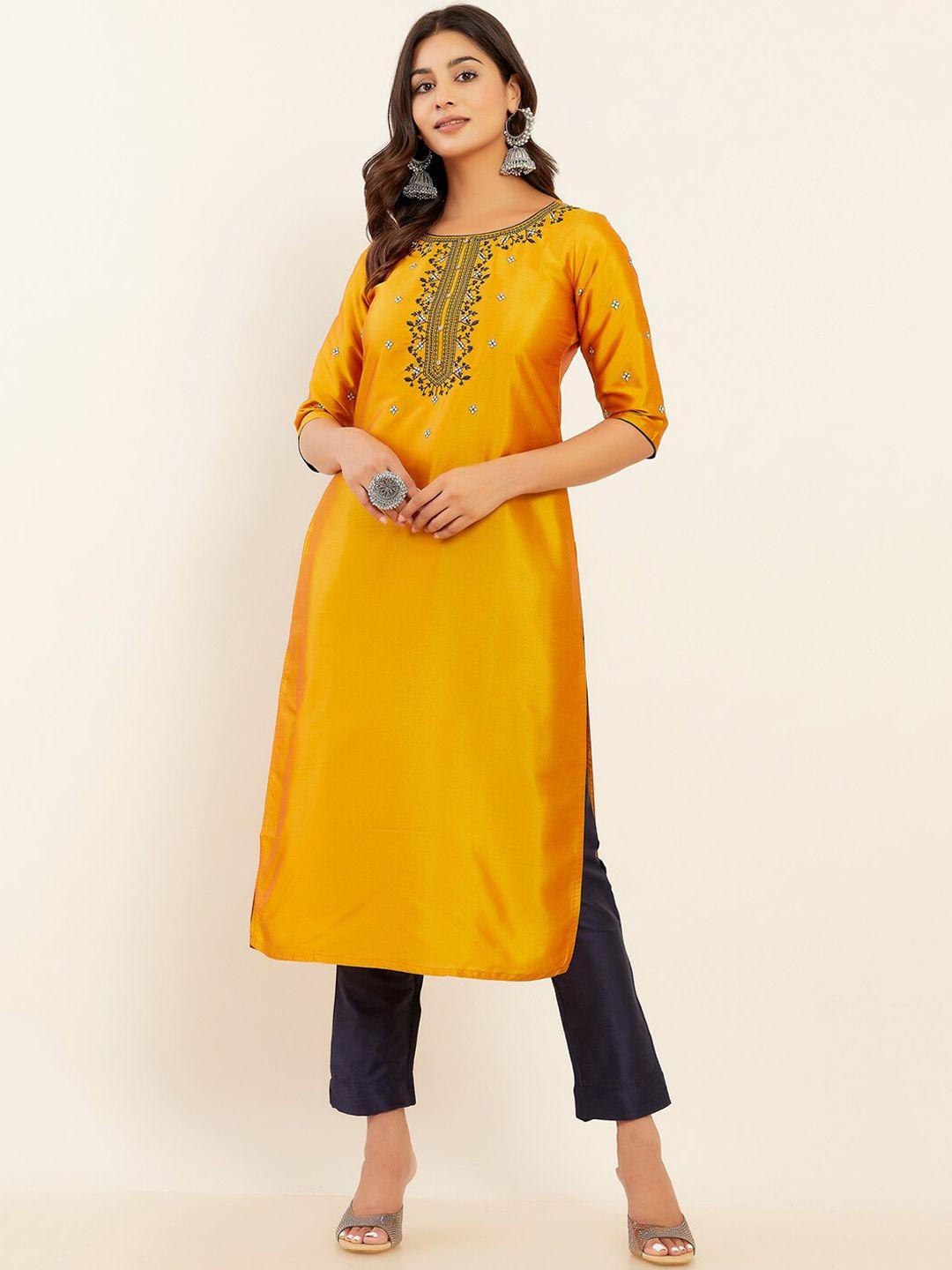 maybell yoke design embroidered printed kurta with trousers & dupatta