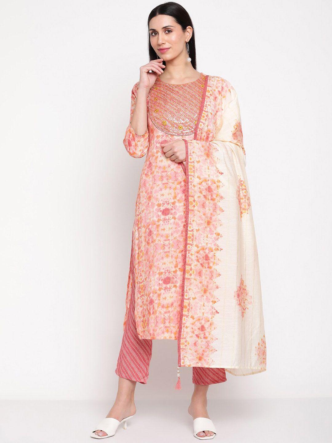 be indi women printed thread work kurta with trousers & dupatta