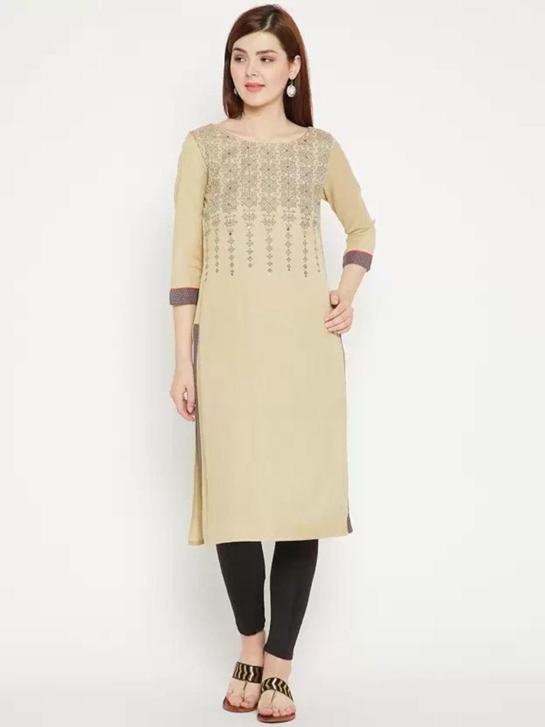 span women beige geometric yoke design kurta