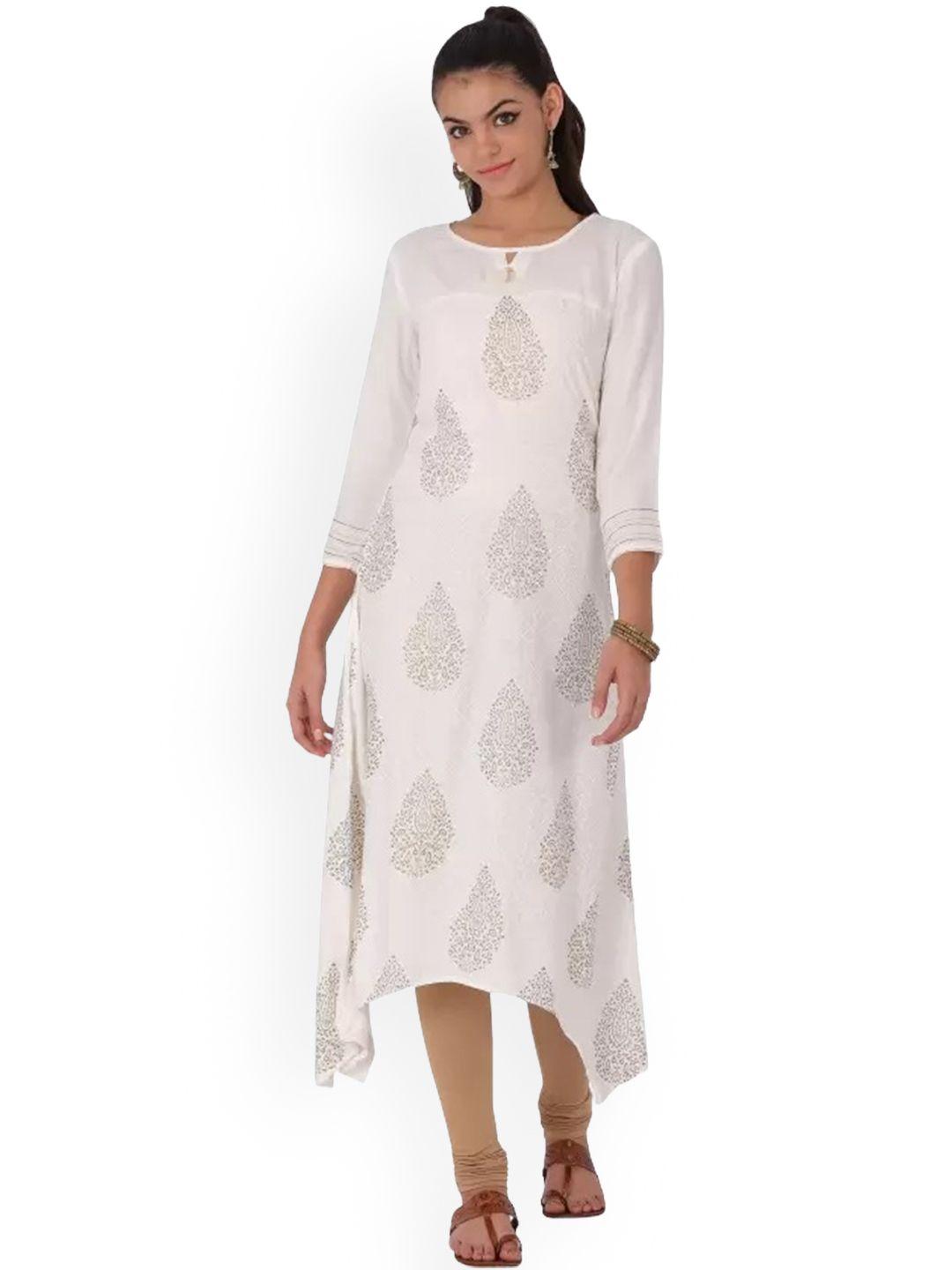 span women white ethnic motifs printed flared sleeves thread work kurta