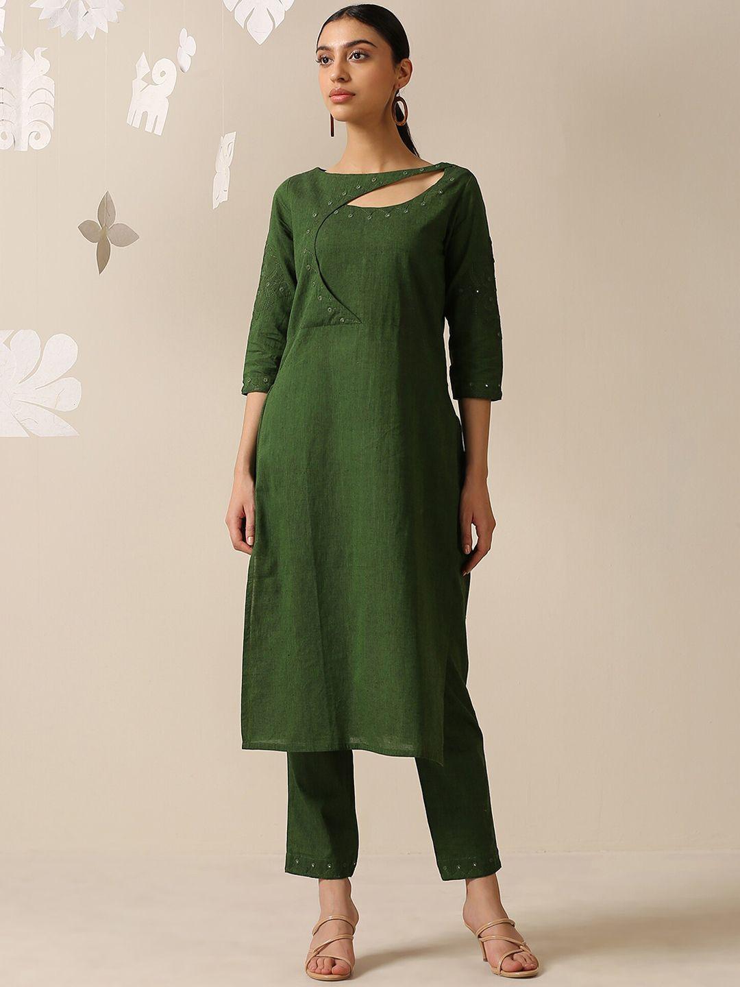 okhai applique embroidered & mirror work pure cotton kurta with trousers