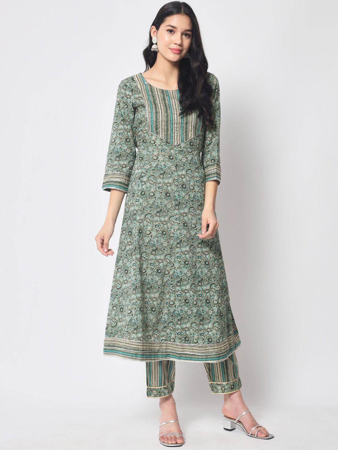 ikdaiya ethnic motifs printed anarkali pure cotton kurta with trousers & dupatta