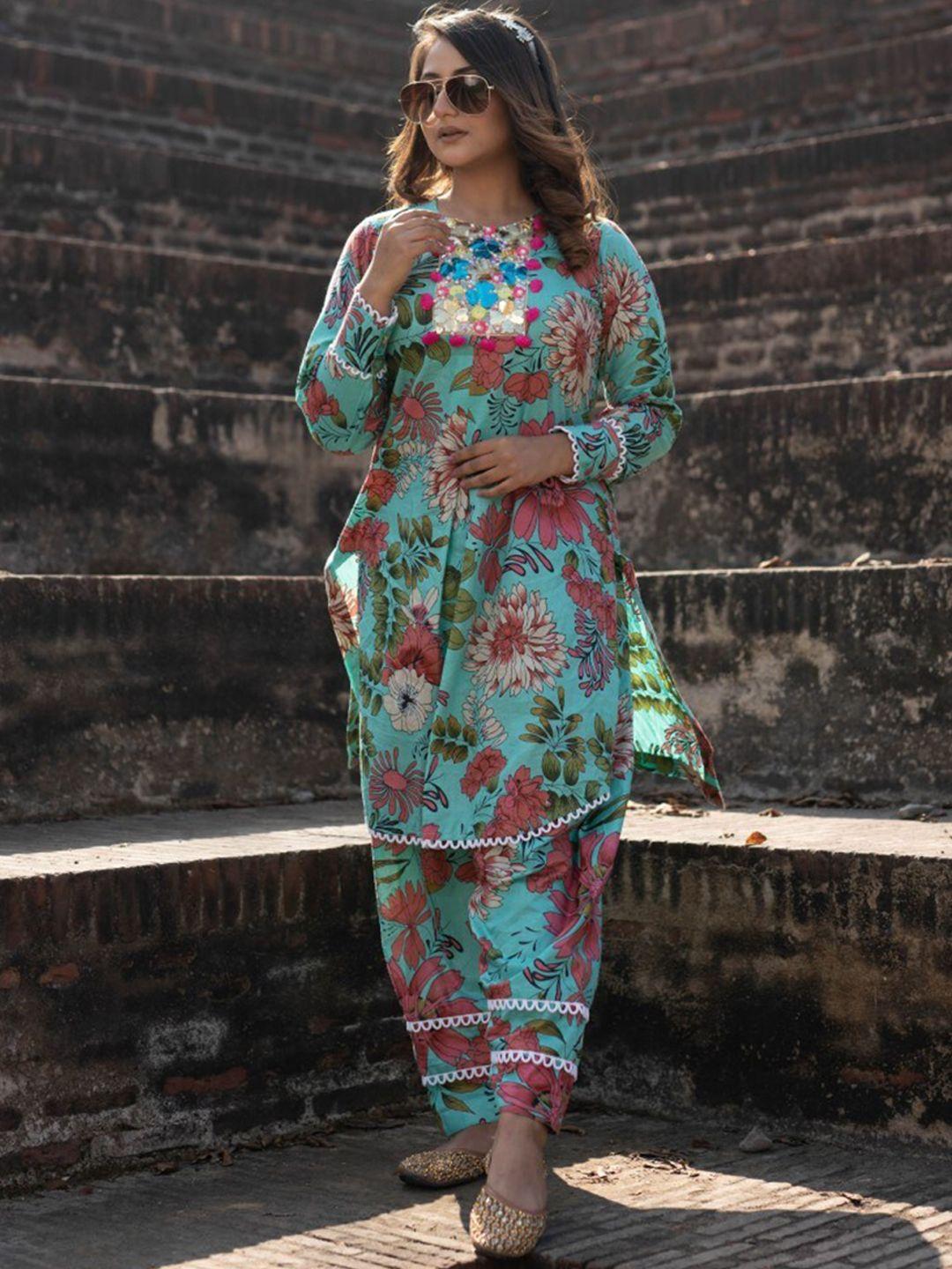 mani dua khanna floral printed beads and stones pure cotton kurta with trousers