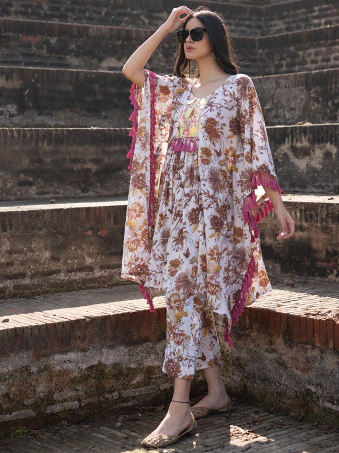 mani dua khanna floral printed beads and stones pure cotton kaftan kurta with trousers